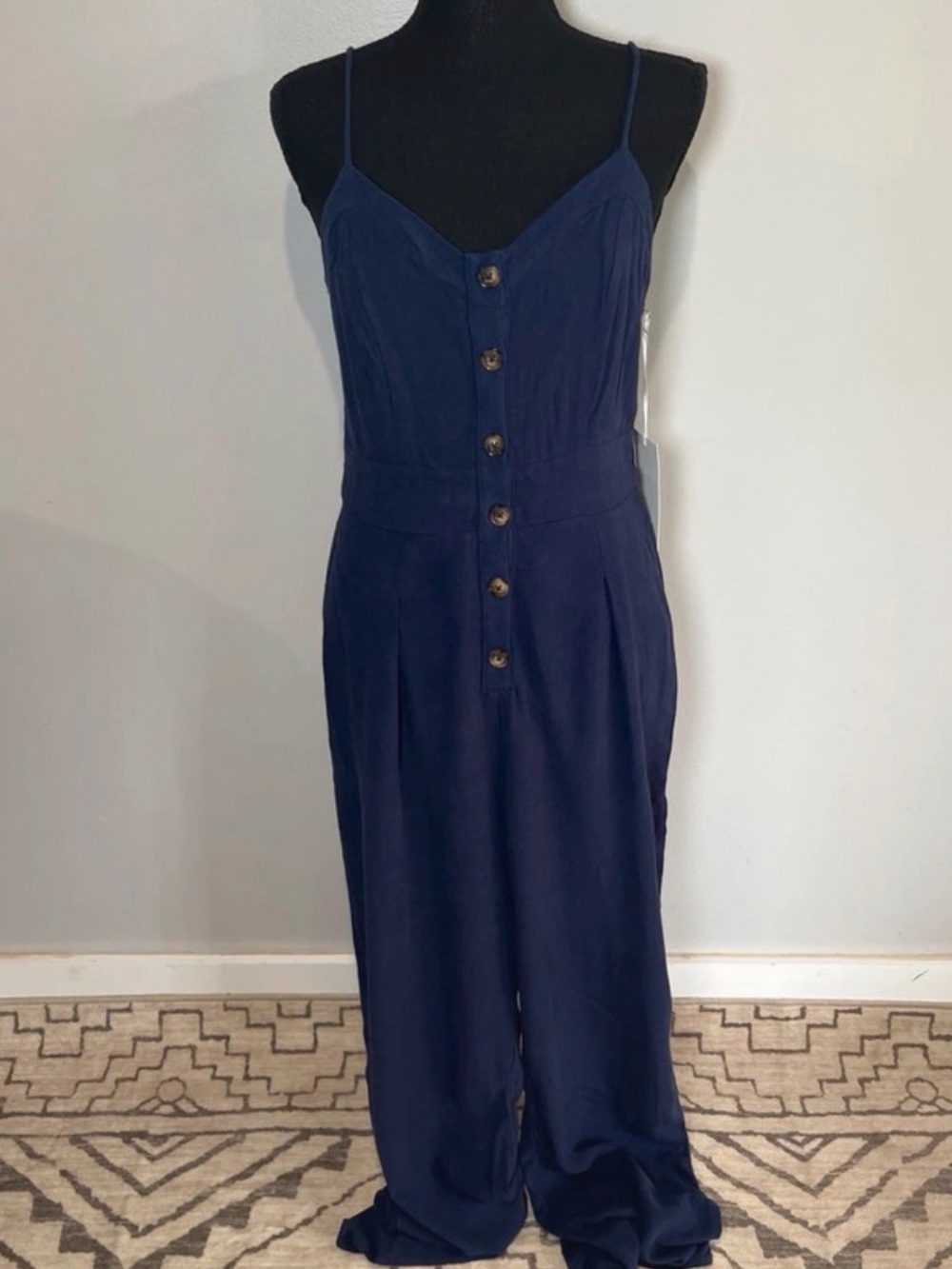 Purple Snow Navy Button-Down Spaghetti Strap Jumpsuit